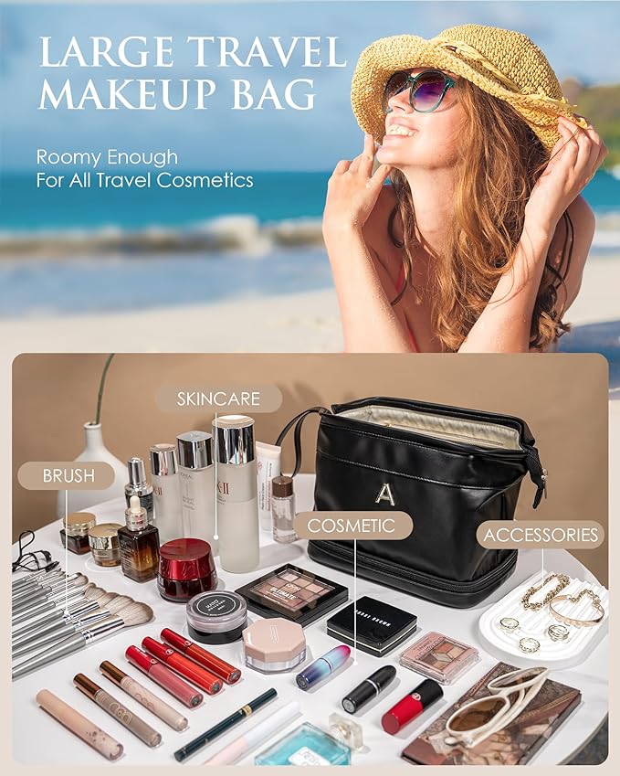 Initial Makeup Bag, Daughter Gifts, Personalized Double Layer Cosmetic Bag with Makeup Brush Organizer, Waterproof, Large Capacity PU Leather Travel Toiletry Bag Cute Things for Girls