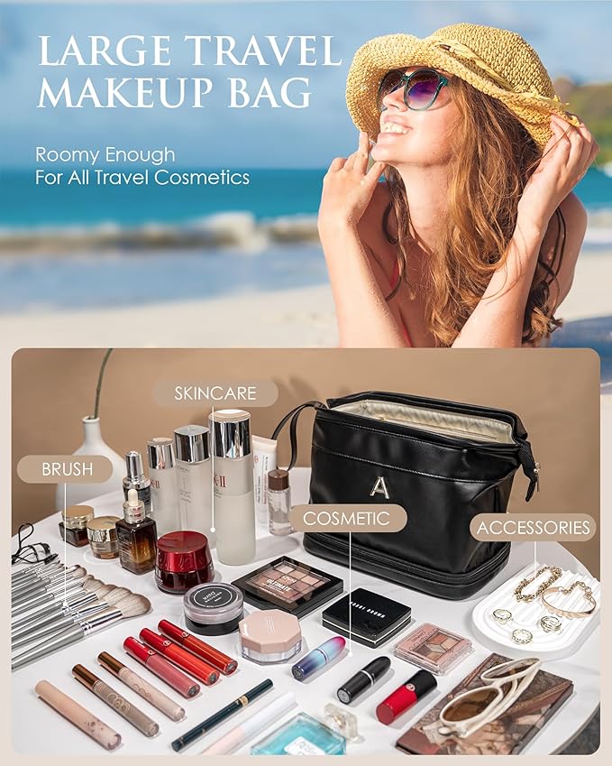 Daughter Birthday Gift-Makeup Bag, Women Gifts, Personalized Double Layer Cosmetic Bag with Makeup Brush Organizer, Large Capacity PU Leather Travel Toiletry Bag Gifts for Friends Female Mom