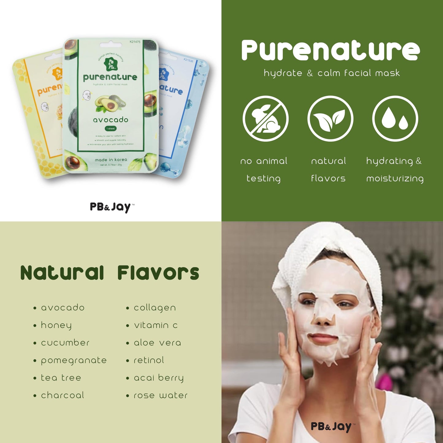 PB&Jay Purenature Hydrate and Calm Facial Mask - 12 Pack Acai Berry,Vita c,retinol and more, Made in Korea, Face Mask Skincare for Hydration, Skincare Face Mask, Moisturizing Mask for Sensitive Skin