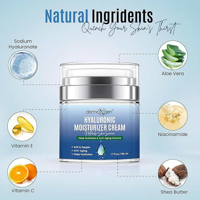 Hyaluronic Acid Moisturizer - Hydrating Moisturizer Face Cream to Reduce Pigmentation & Improve Skin Elasticity - Anti Aging Cream for Day and Night Use - Suitable for All Skin Types - 50 ml