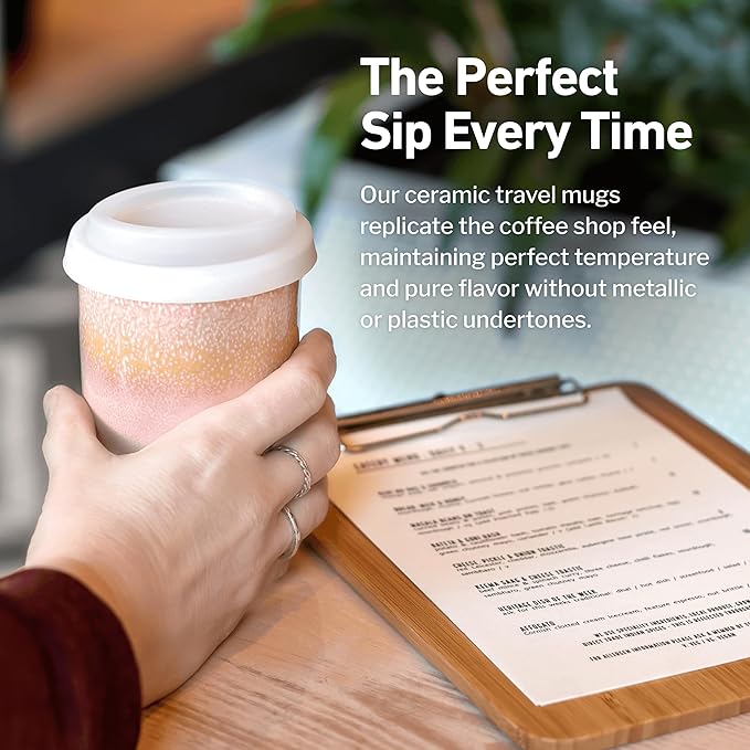 NOVA CERAMICS Travel Mug - Travel Coffee Mug – Iced Coffee Cup Unique to Go Mug – Microwave & Dishwasher Safe Coffee Pink Tumbler - Gifts for Women Men Him Her – 12oz – Afterglow