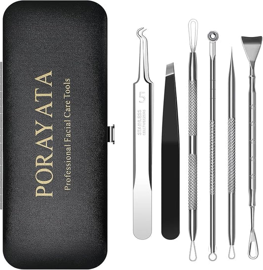 Blackhead Remover Tool Kit, 6 Pcs Pimple Popper Comedone Extractor Set with Acne Needles, Tweezers, Pore Scraper for Blemish, Zit, Whitehead Removal on Nose and Face, with Storage Case