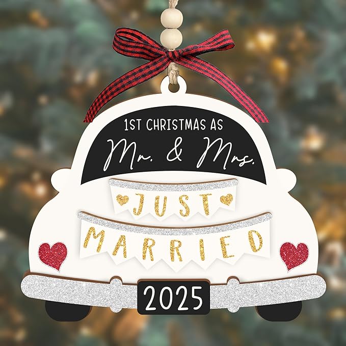 First Christmas Married Ornament 2025 - Mr and Mrs Gifts - Wedding Gifts for Couples 2025, Just Married, Newlywed Keepsake - Wooden Mr and Mrs Ornament with Gift Box