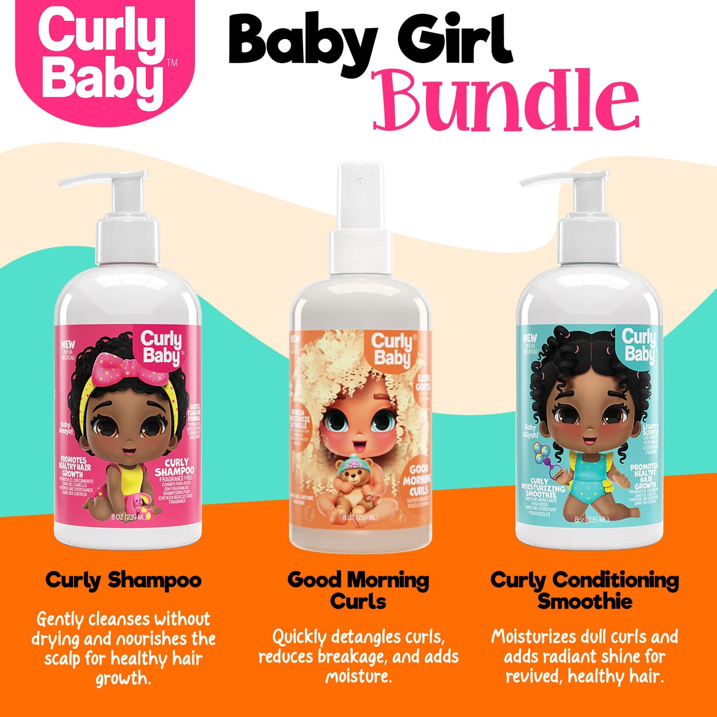 CurlyBaby Girl Bundle GM Curls – Tear-Free Shampoo, Moisturizing Conditioner Smoothie & 3-in-1 Good Morning Spray for Kids & Toddlers with Curly Hair – Daily Haircare, Hydrating, Growth-Friendly Set