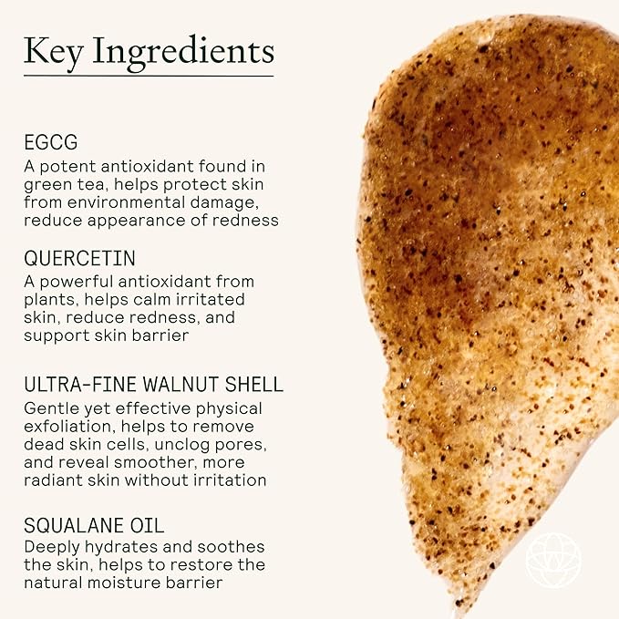 EQ Exfoliating Cleanser | Plant-Based EGCG & Quercetin for Redness, Blemishes & Hydration | Gentle Face & Body Scrub with Squalane Oil & Ultra-Fine Walnut Shells | No Fragrance, Travel Size 1.69 fl oz