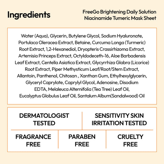 FreeGo Brightening Daily Solution Niacinamide Turmeric Facial Mask Sheet (6-Pack) | K-Beauty Skincare to Glowy Glass Skin