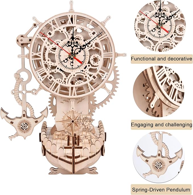3D Wooden Puzzle Mechanical Clock – Pirate Ship DIY Model Kit for Adults & Teens, Build-Your-Own Wood Craft, Working Clock, Unique Gift & Nautical Home Decor