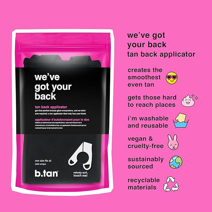b.tan Back Self Tanning Applicator | We've Got Your Back - Sunless Tanner Back Mitt with Handles, Streak-Free, Even Application, Velvety Soft, Reusable & Washable Sunless Tan
