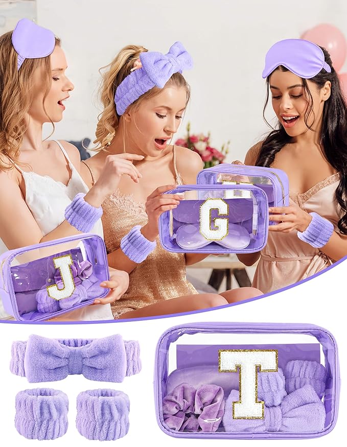 Gift Sets for Women, Initial Makeup Bag with Makeup Brush Set Bachelorette Party Favors, Purple Spa Kit with Skincare Headbands Wrist Bands Sleepover Party Supplies Gifts for Teen Girls Bridesmaid T