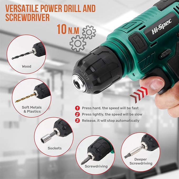 Hi-Spec 110pc Green 8V USB Electric Power Cordless Drill Driver Set. Drill Bits, Sockets and Screwdriver Bit Set Accessories In a Portable Toolbox Case