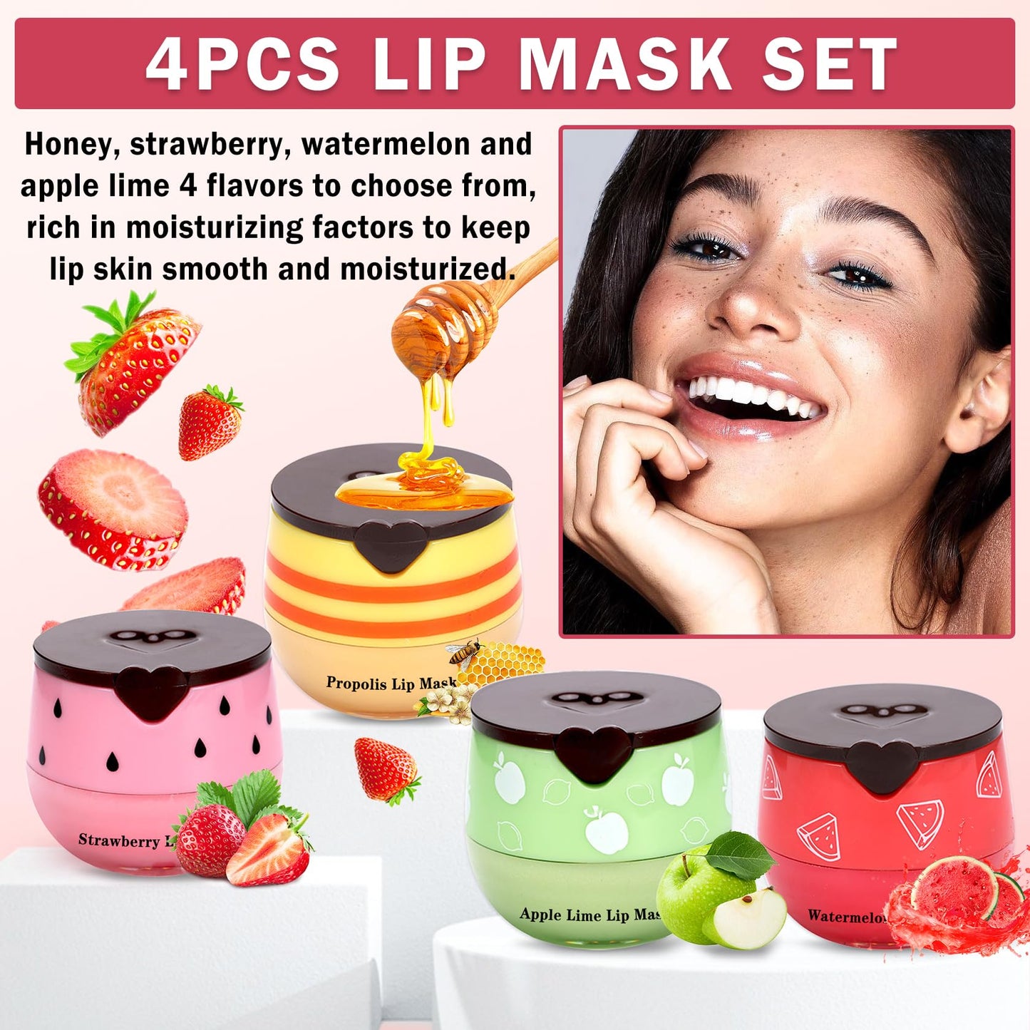 AOAZXBB 4 PCS Bee Lip Balm Honey Pot Honey Lip Balm,Honey Strawberry Watermelon Apple Lip Mask,Sleeping Lip Mask Reduces Lip Lines,Hydrating Exfoliating Lip Balm