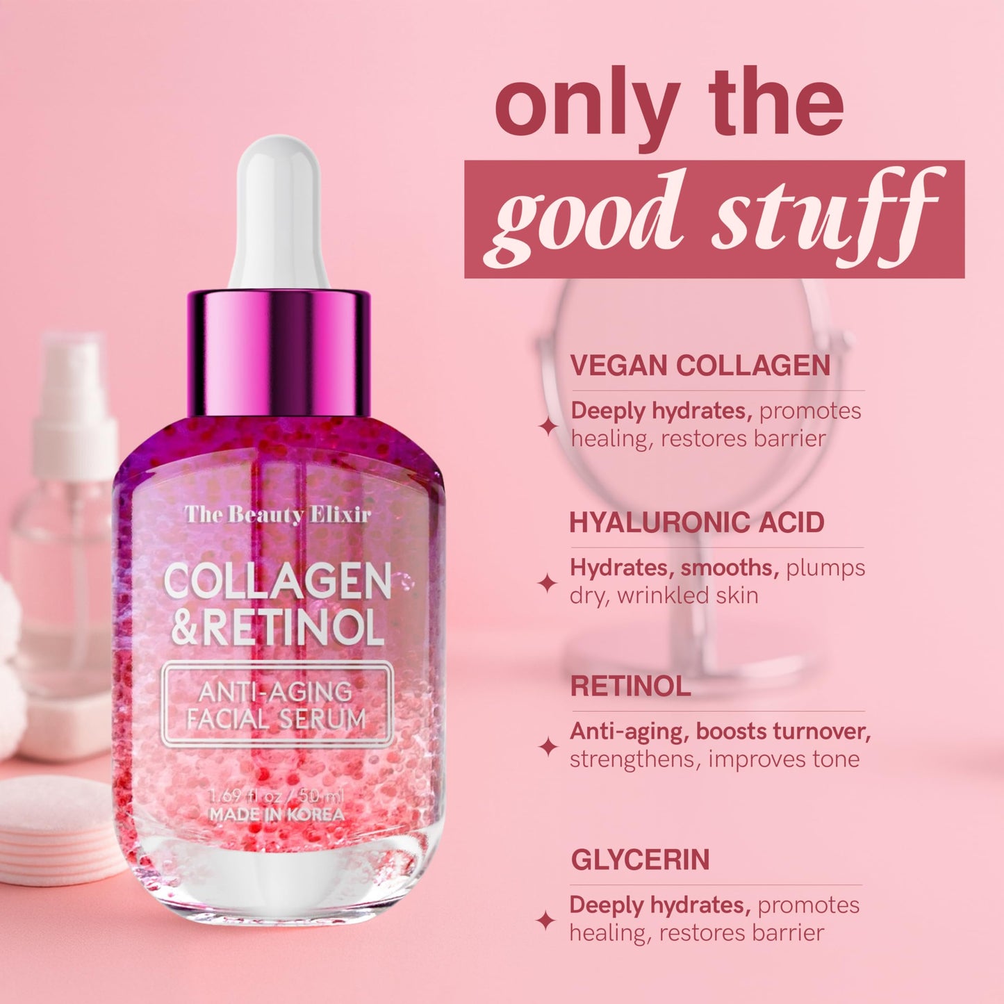 The Beauty Elixir Collagen & Retinol Serum For Face - Ultra Hydrating, Restores, Smooths & Reduces Wrinkles - Dermatologist Tested, Natural Ingredients, Clean Beauty - Korean Skin Care - 1.69 Fl. Oz