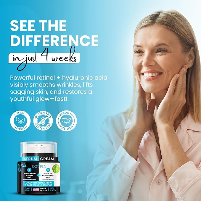 2-in-1 Collagen Booster, Retinol & Hyaluronic Acid Cream & Serum, Anti-Aging, Lifting Skin-Tightening Moisturizer for Men & Women, Neck and Décolleté, Made in USA Daily Moisturizer Face Cream, 2.0 oz