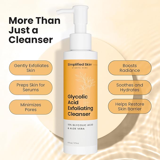 Simplified Skin Glycolic Acid Face Wash - Exfoliating Facewash - with Aloe Vera, Sunflower Seed Oil, Ginger, & Apricot - Cleanse & Nourish with Glycolic Acid Cleanser - 6 Fl Oz