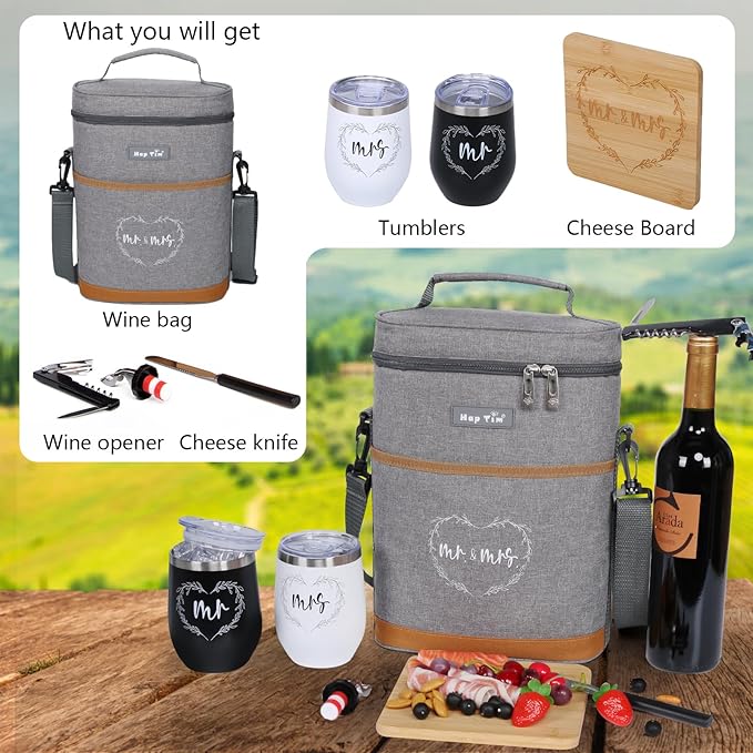 Hap Tim Wedding Gifts for Couples, Bridal Shower Gifts, Engagement Gifts for Newlyweds, Mr and Mrs gifts - Wine Cooler Bag Insulated Wine Carrier Tote with Tumblers, Bamboo Cheese Borad