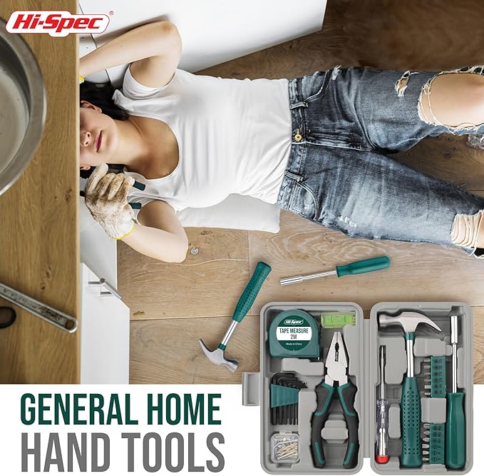 Hi-Spec 25pc Green Small Compact Hand Tool Kit Set for Home & Office DIY. Household Basic Toolkit Starter Repairs in a Portable Tool Box Case