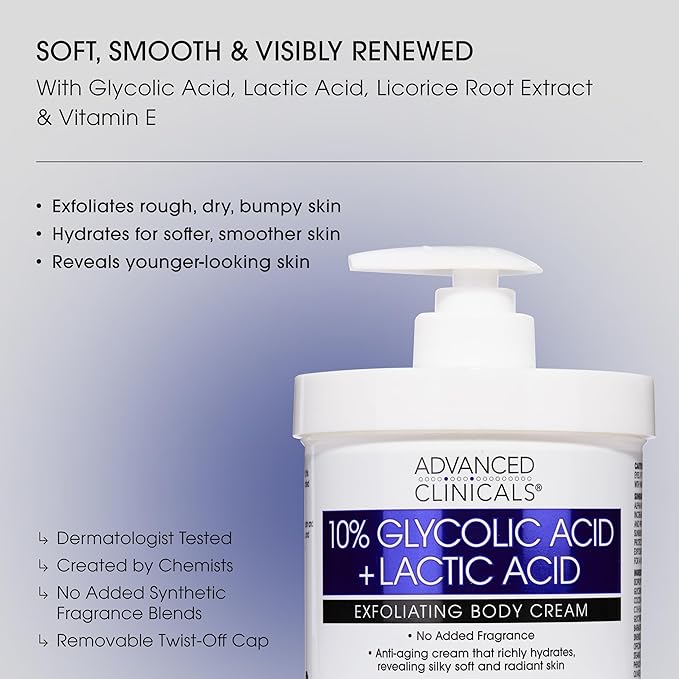 Advanced Clinicals 10% Glycolic Acid + Lactic Acid Body Lotion Moisturizer + AHA Glycolic Acid Face Serum 2pc Exfoliating Skincare Set To Reduce Look Of Uneven Rough Skin Texture, Fragrance Free, 2pc