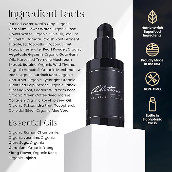 Alitura Pearl Facial Cleanser for Men & Women 100 ml – Anti-Aging Face Wash with Marine Collagen, Sea Kelp & Organic Botanicals – Hydrating Gentle Exfoliant for Clear, Smooth Skin – 3.4 oz Travel Size