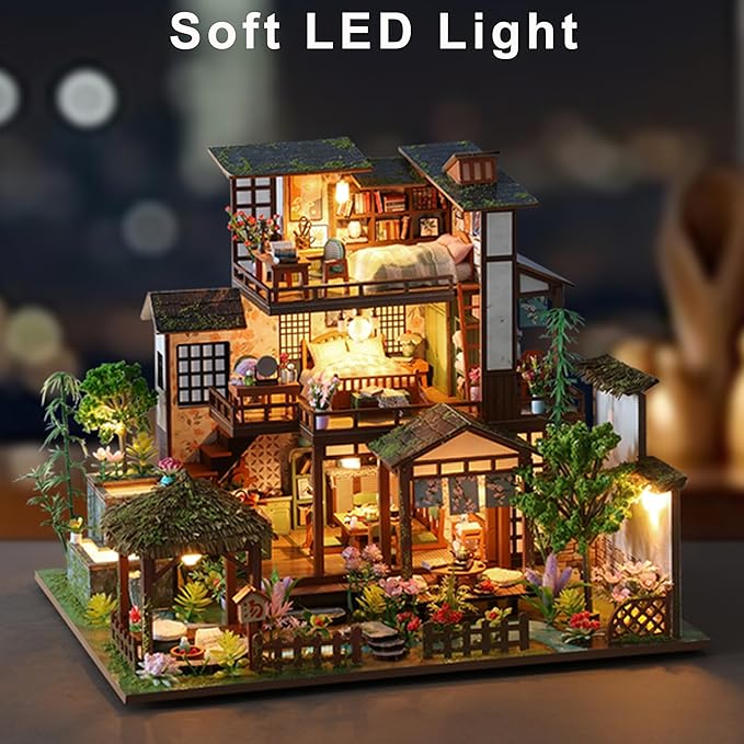 ISSEVE DIY Miniature House Kit, Tiny House Dollhouse Kit for Adults, Mini House Building Kits, Halloween Christmas Home Bookshelf Decoration, Gifts for Family and Friends (Bamboo Spring Courtyard)