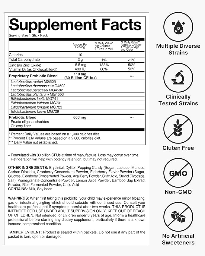 K-Nutra Yummy Tummy Probiotics for Kids | 2.12oz (30 Sticks) | 3-in-1 Prebiotic & Probiotic Powder | 30 Billion CFUs | Clinically Tested | Supports Digestive & Immune Health | for Ages 3+