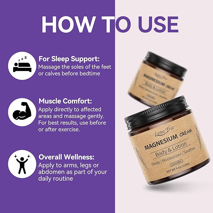 Magnesium Cream for Sleep, Topical Nighttime Magnesium Lotion for Leg, Cramps & Pain, Muscle Soothing, Magnesium Body Butter with Jojoba Oil, Shea Butter & Vitamin E, Safe for Kids (Lavender)