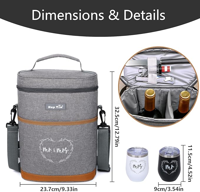 Hap Tim Wedding Gifts for Couples, Bridal Shower Gifts, Engagement Gifts for Newlyweds, Mr and Mrs gifts - Wine Cooler Bag Insulated Wine Carrier Tote with Tumblers, Bamboo Cheese Borad