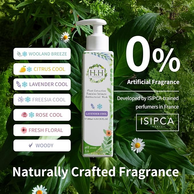 HH Herb & Health Feminine Wash for Women, pH3.6 Lactobacillus Cleanser with Botanical Extracts, Hydrating & Cooling Intimate Care for Odor Dryness and Itch, Sensitive Skin Safe, Woody Scent