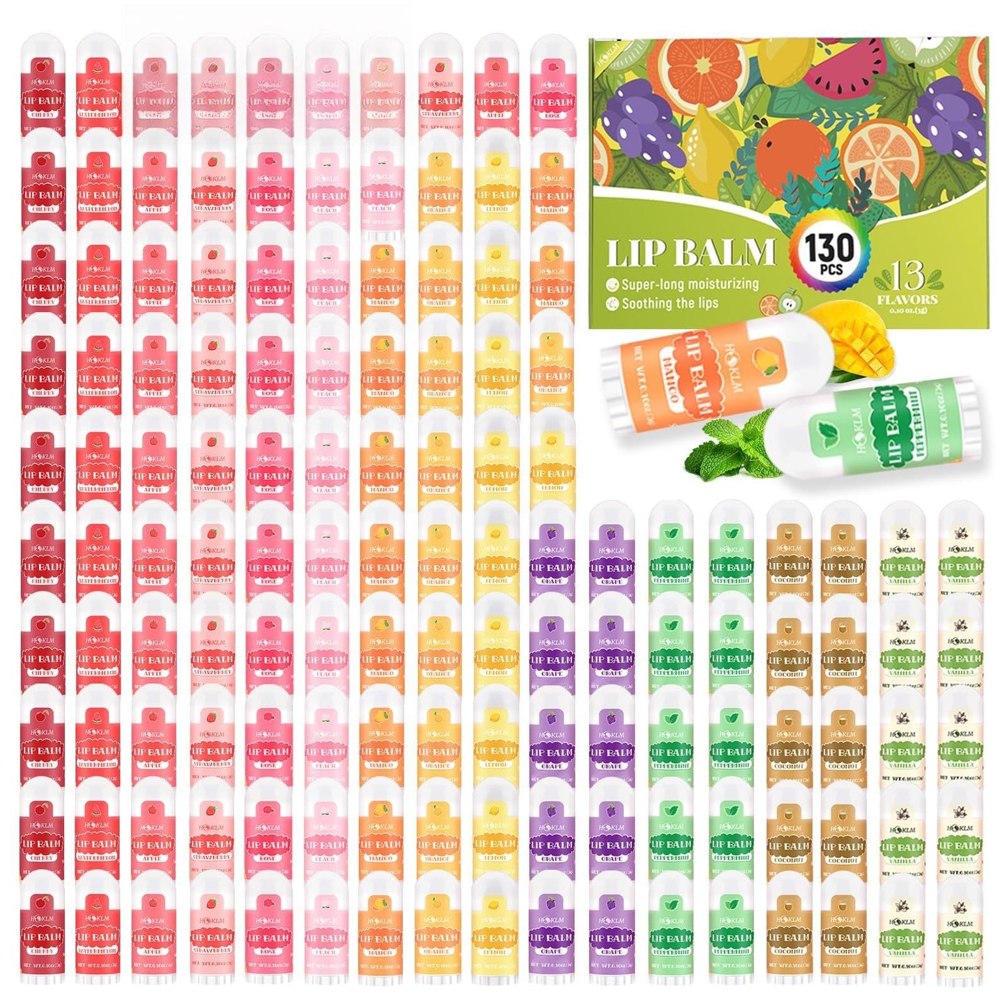 130-Pack Natural Lip Balm Set - Hydrating Formula with Vitamin E & Coconut Oil - for Kids/Adults - Bulk Mini Lip Balms - Great for Gifts & Daily Use - 13 Flavors