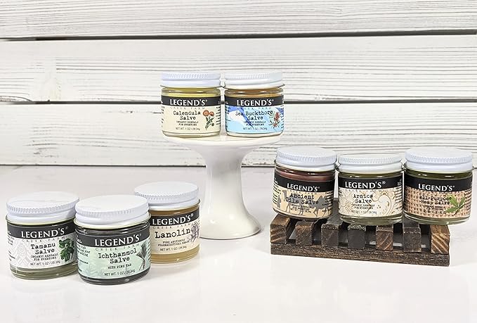 Legend's Creek Farm Herbal Salve Bundle 8 Pack - Pack of 1 oz. Healing Ointment with Ichthammol, Calendula, All-Purpose Hemp, Sea Buckthorn, Tamanu & Hemp, Arnica, Ancient Oil, Lanolin (8 Jars)