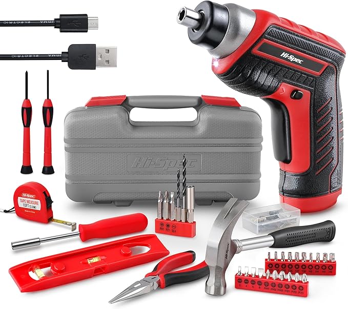 Hi-Spec 35pc Red Tool Kit with 3.6V USB Electric Screwdriver and Drill Set. Complete Basic Tool Set