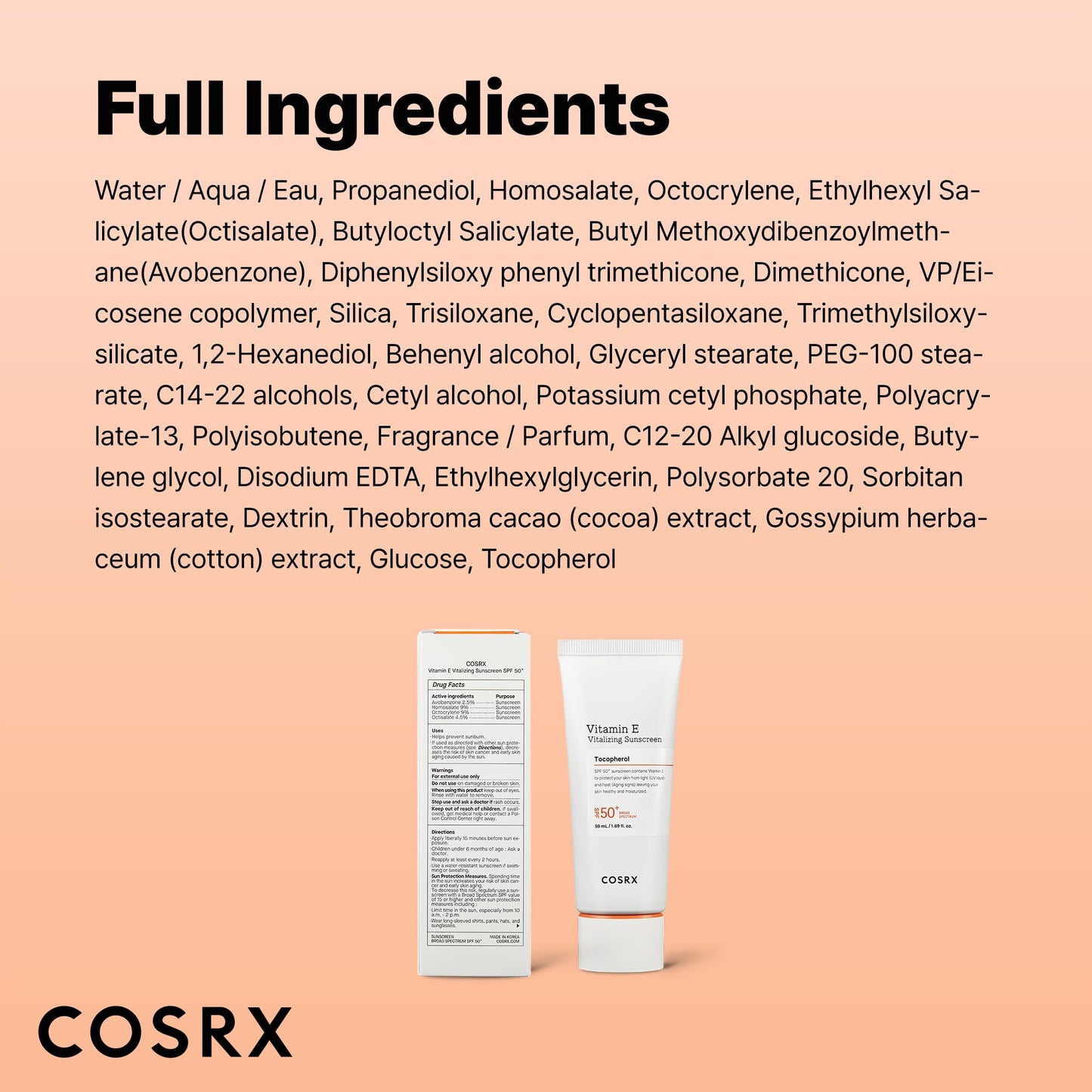COSRX Vitamin E Vitalizing Face Sunscreen SPF 50, 1.69 fl oz, SPF Moisturizer, Lightweight under Makeup, Travel Essentials, Summer Essentials, Korean Skin Care, Korean Sunscreen for Face