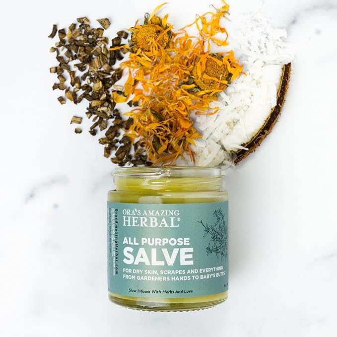 Ora's Amazing Herbal All Purpose Salve, Herbal Healing Skin Balm with Tea Tree, Natural Cream for Dry Cracked Hands, Comfrey Calendula Plantain Thyme Beeswax, Soothing Itch Relief, 4 oz