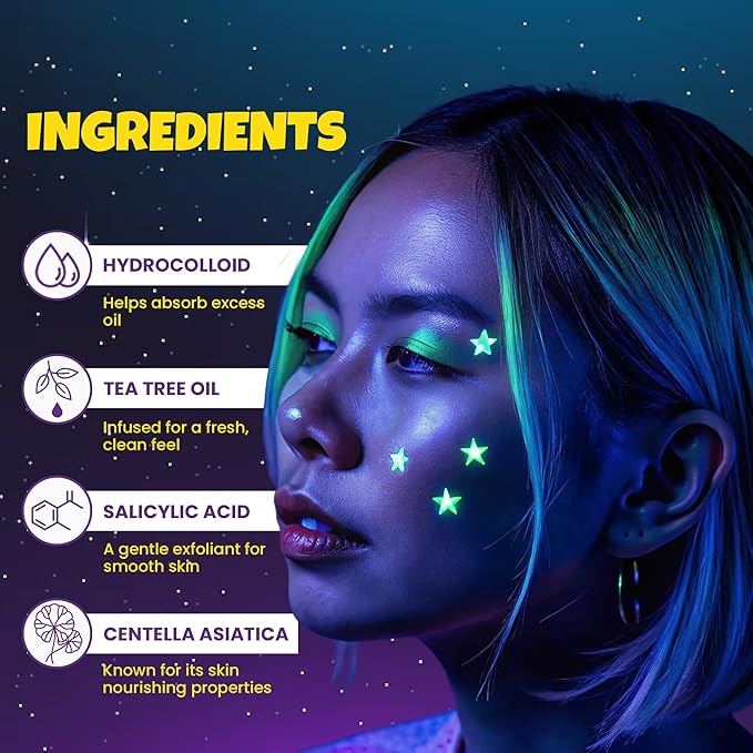280Pcs Star Pimple Patches for Face - Hydrocolloid Acne Blemish Pimple Patches Cute Stars - Glitter, Regular, Glow in the Dark, Translucent 7 Colors, 3 Sizes Zit Stickers