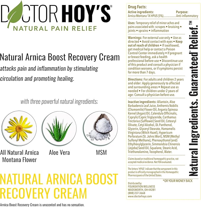 DOCTOR HOY'S Natural Arnica Boost Recovery Cream, Bruise and Muscle Pain Relief Cream, Topical Homeopathic Formula with Arnica Montana for Rapid Bruise Relief (3 Fl Oz)