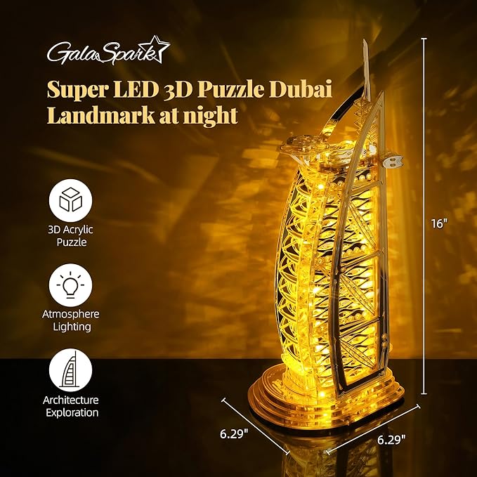 3D Puzzle Burj Al Arab Building Model Kit, DIY Dubai Landmark Building Model with LED Light, Home Decor Festival Gift for Adults & Children 100PCS (Golden)