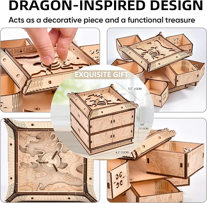 3D Wooden Puzzle Mechanical Treasure Box of Dragon, DIY Model Kits and 3D Puzzles for Adults, Unique Wooden Puzzle for Adults, Hobbies Projects Adult Building Sets Gift for Women and Kids