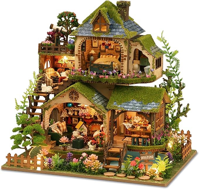 ISSEVE DIY Miniature House Kit, Tiny House Dollhouse Kit for Adults, Mini House Building Kits, Halloween Christmas Home Bookshelf Decoration, Gifts for Family and Friends (Forest Adventure)