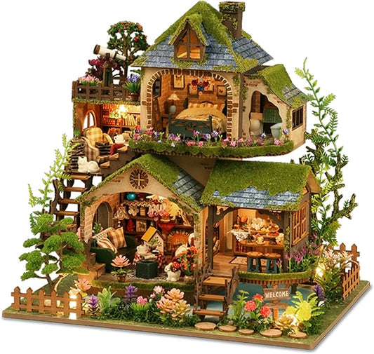 ISSEVE DIY Miniature House Kit, Tiny House Dollhouse Kit for Adults, Mini House Building Kits, Halloween Christmas Home Bookshelf Decoration, Gifts for Family and Friends (Forest Adventure)