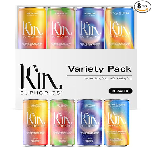 Kin Euphorics Variety 8 Pack with 2 Spritz, 2 Lightwave, 2 Bloom, and 2 Actual Sunshine by Kin Euphorics, Non Alcoholic Spirits, Ready to Drink, Awaken The Mind, Calm Your Mood, 8 Fl Oz (8pk)