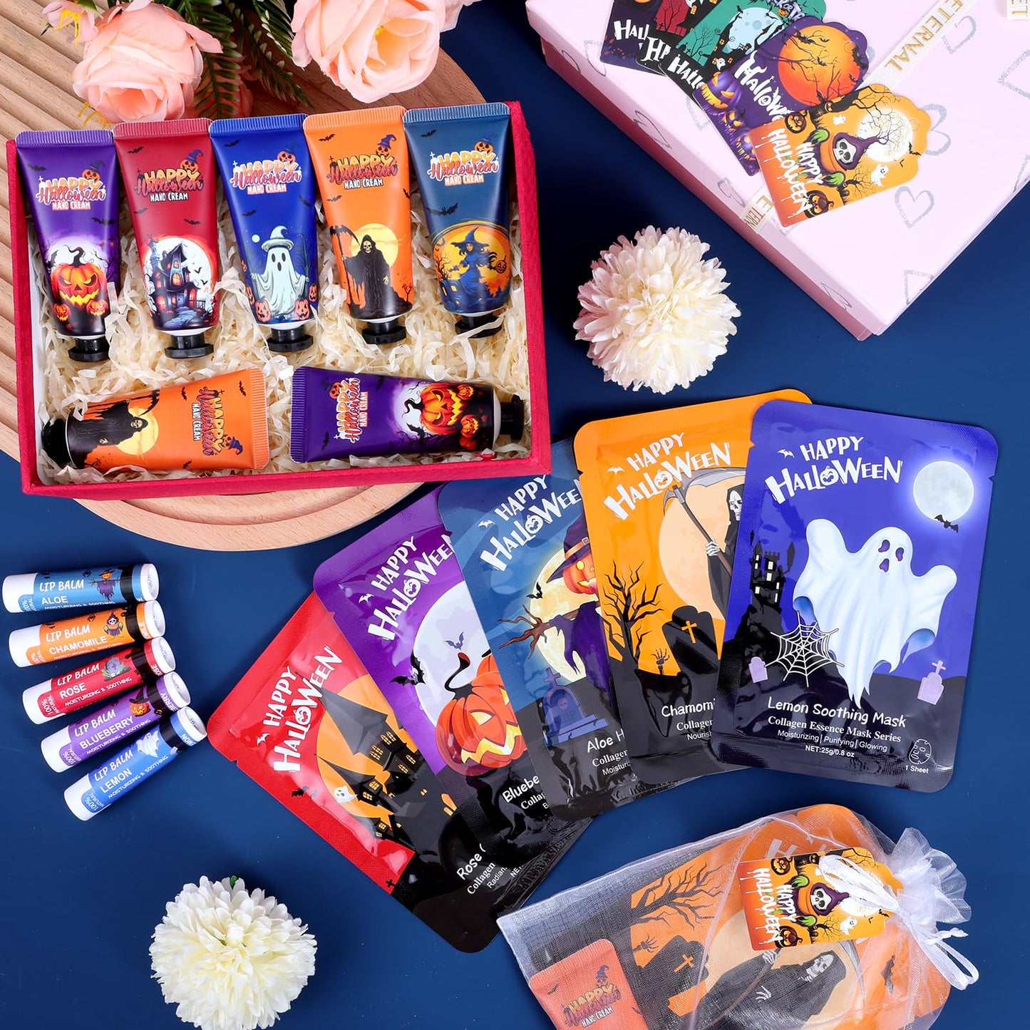 VESPRO 50 Pack Halloween Hand Cream, Facial Mask and Lip Balm Set, Bulk Halloween Gifts for Women, Halloween Decorations, Halloween Party Favors, Halloween Basket Stuffers and Halloween Skincare