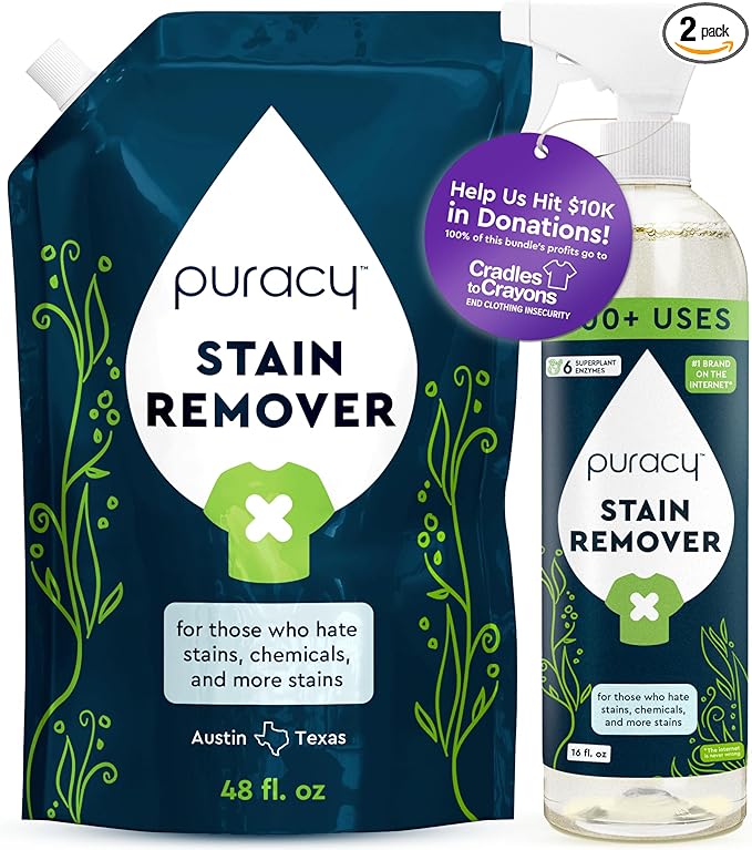 Puracy Stain Remover Cleaning Spray - Enzyme-Powered Stain Removal Spray As Seen on TikTok, Natural Travel Spot Remover for Clothes (Unscented, 48 fl oz + 16 fl oz)