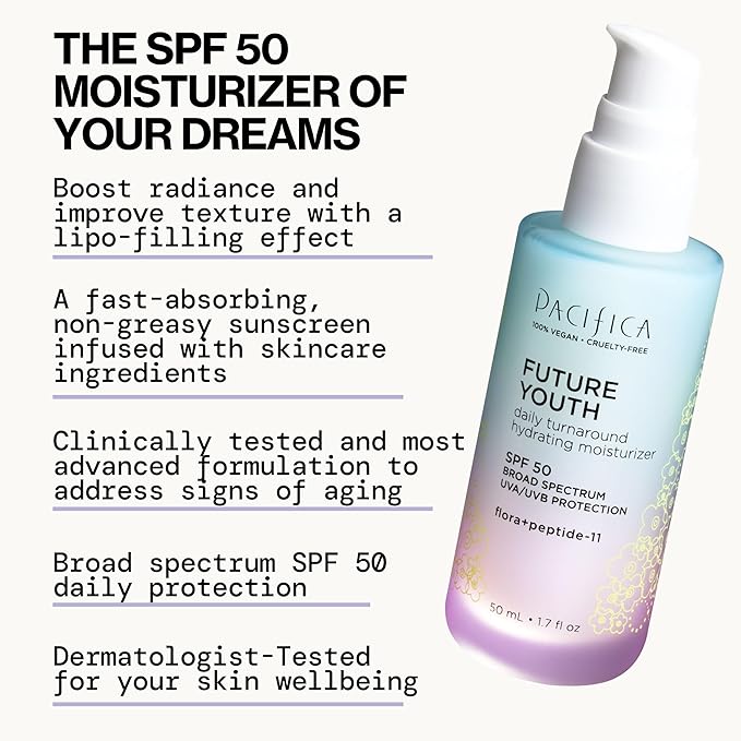 Pacifica Peptide Face Moisturizer Future Youth Daily Turnaround Hydrating, SPF 50 Broad Spectrum, UVA/UVB Sun Protection, Sunscreen, Face Moisturizer, Anti-Aging, Vegan, 1.7 fl oz (1 Count)