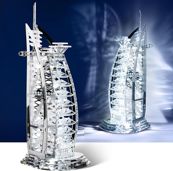 3D Puzzle Burj Al Arab Building Model Kit, DIY Dubai Landmark Building Model with LED Light, Home Decor Festival Gift for Adults & Children 100PCS (Silver)
