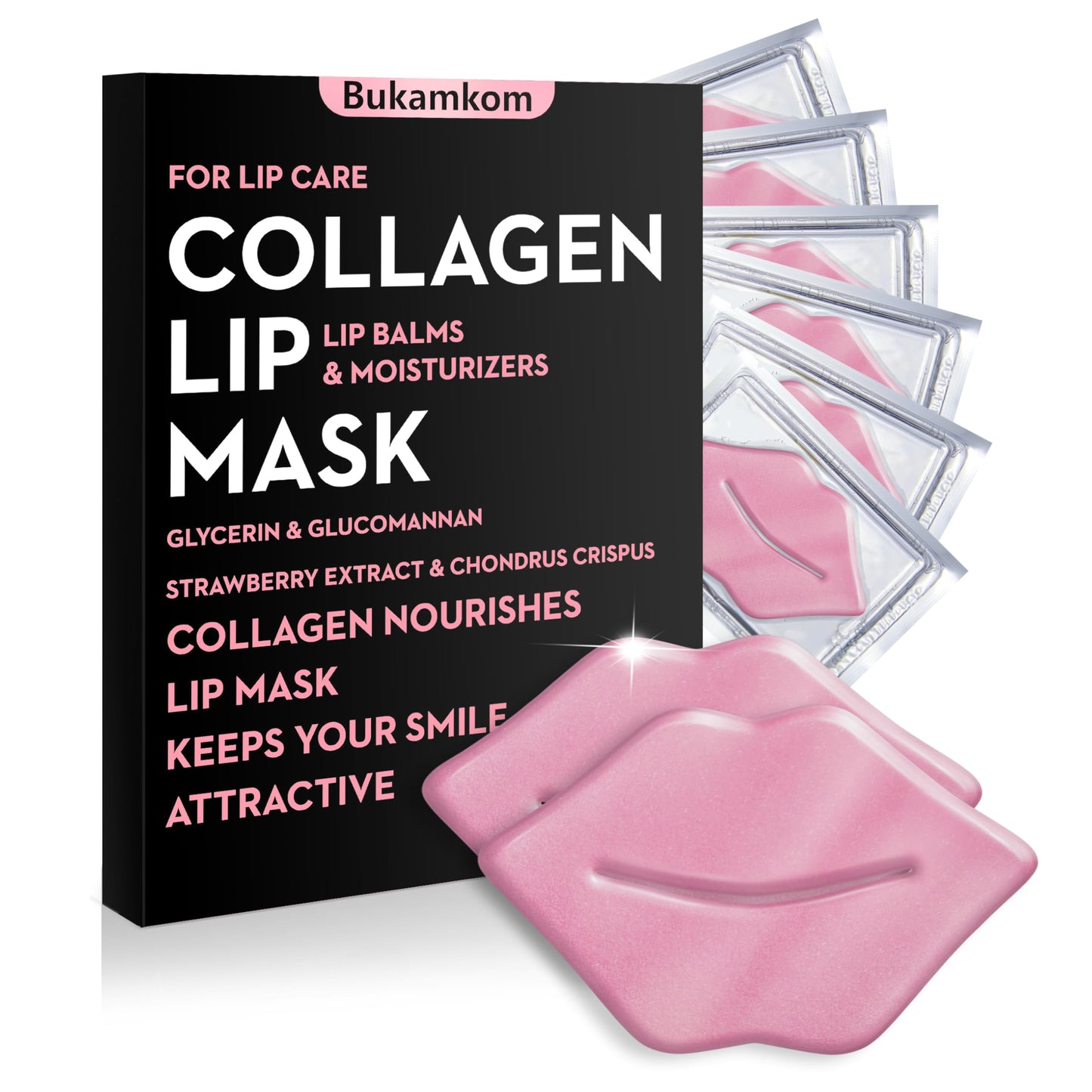 Bukamkom Collagen Pink Lip Mask 20 Pieces,Which can Provide Long-lasting Nourishment,Moisturization,Overnight Lip Mask Individually Wrapped Lip Patch