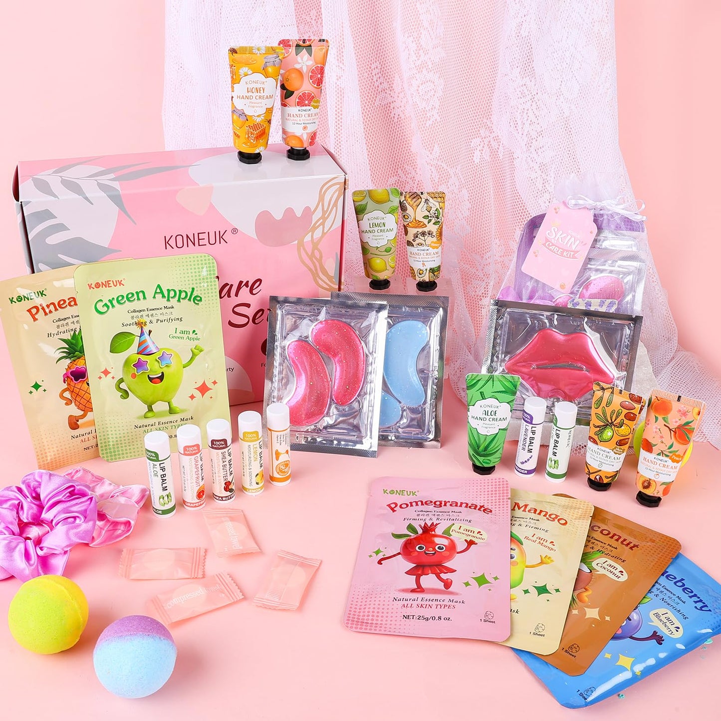 80PCS Spa Party Supplies for Girls, Include Facial Masks, Lip Balm, Hand Cream, Under Eye Patches, Lip Mask, Foot Bath Bombs, Compressed Towels, Sleepover and Spa Birthday Party Supplies for Girls