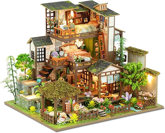 ISSEVE DIY Miniature House Kit, Tiny House Dollhouse Kit for Adults, Mini House Building Kits, Halloween Christmas Home Bookshelf Decoration, Gifts for Family and Friends (Bamboo Spring Courtyard)