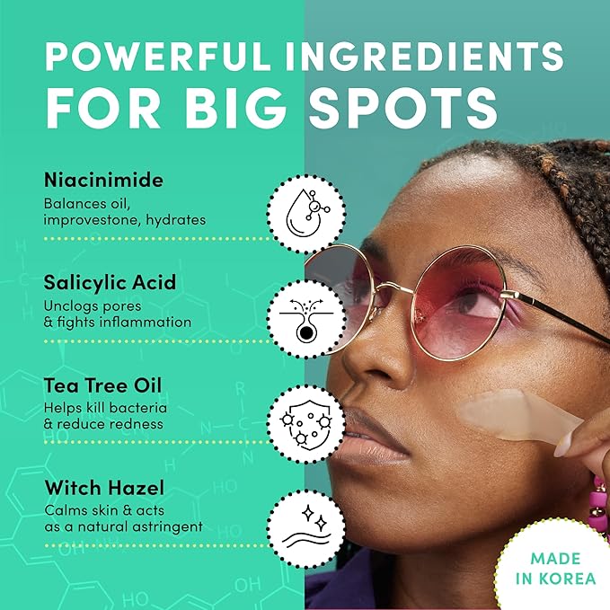Dots for Spots Large Pimple Patches for Body, Chin, Cheek or Forehead - Includes Active Ingredients Niacinamide, Witch Hazel & Salicylic Acid for Maximum Effectiveness - Reduces Redness (10 patches)