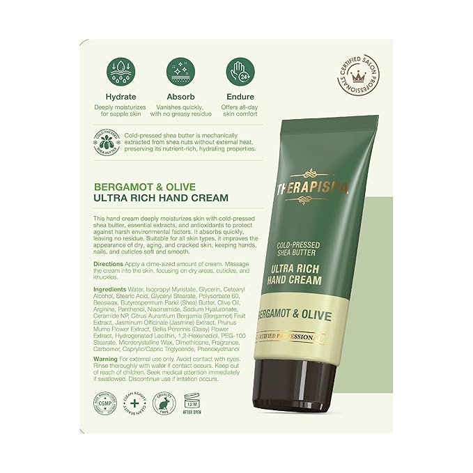 Ultra Rich Hand Cream – Intensive Hydration & Repair for Dry, Chapped Hands | Enriched with Shea Butter, Ceramides, Niacinamide (B3) & Panthenol (B5) (Bergamot & Olive, 2.0 oz, Pack of 5)