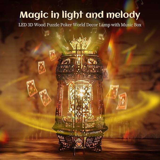 LED 3D Wood Puzzle Poker World Projector Lamp – DIY Craft Kit with LED Lights and Music Box – Creative Poker-Themed Lamp, Nightlight Gift for Home Décor (White Maple)