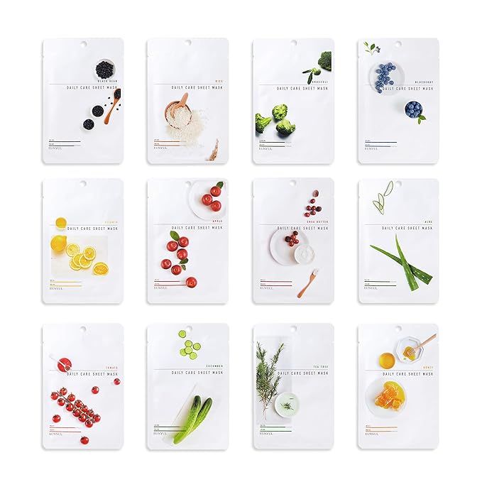 EUNYUL [PACK OF 12] Daily Care Facial Sheet Mask Pack 12 types Korean Skincare Hydrating & Nourishing & Natural Ingredients for All Skin Types